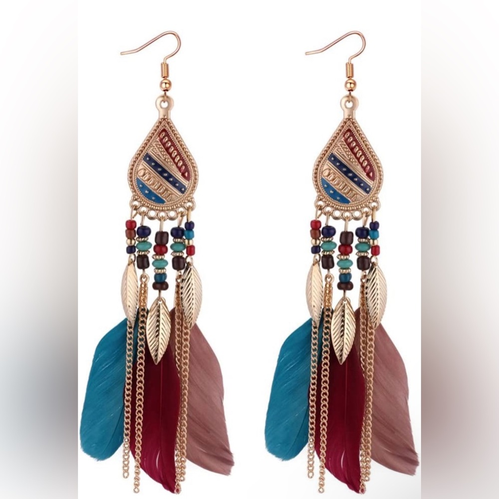 Vintage Elegant Long Pendant Dangle Hook Feather Earrings